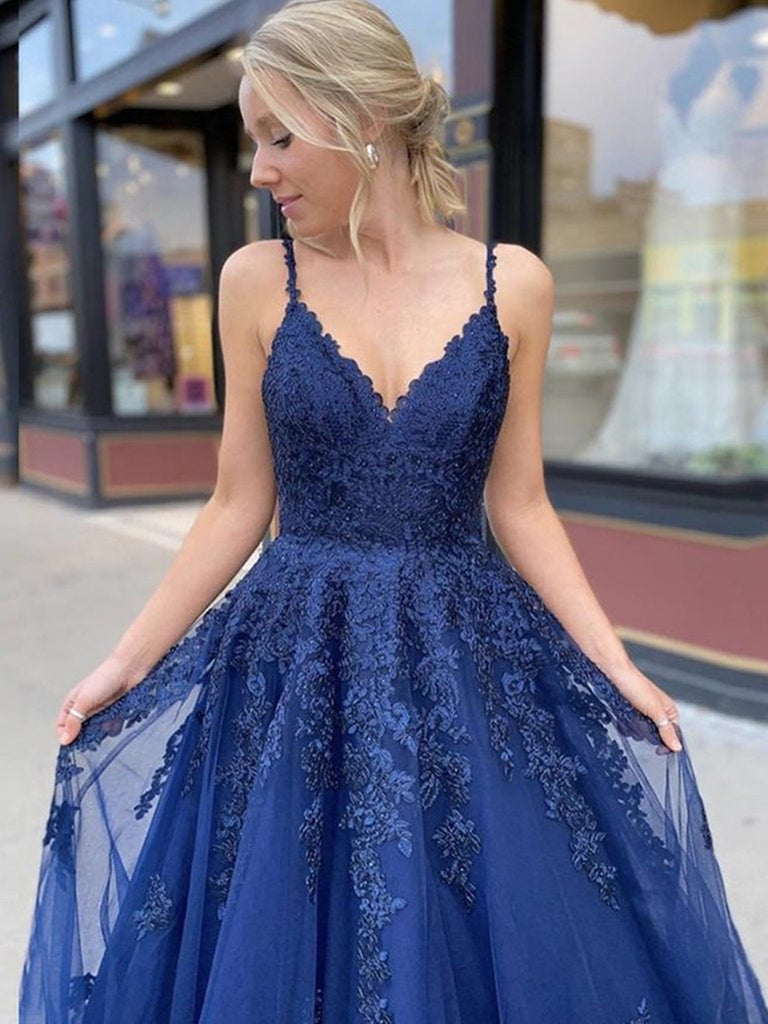 Navy Blue Lace A-line Backless Prom Dress With Slit SP853 | Simidress